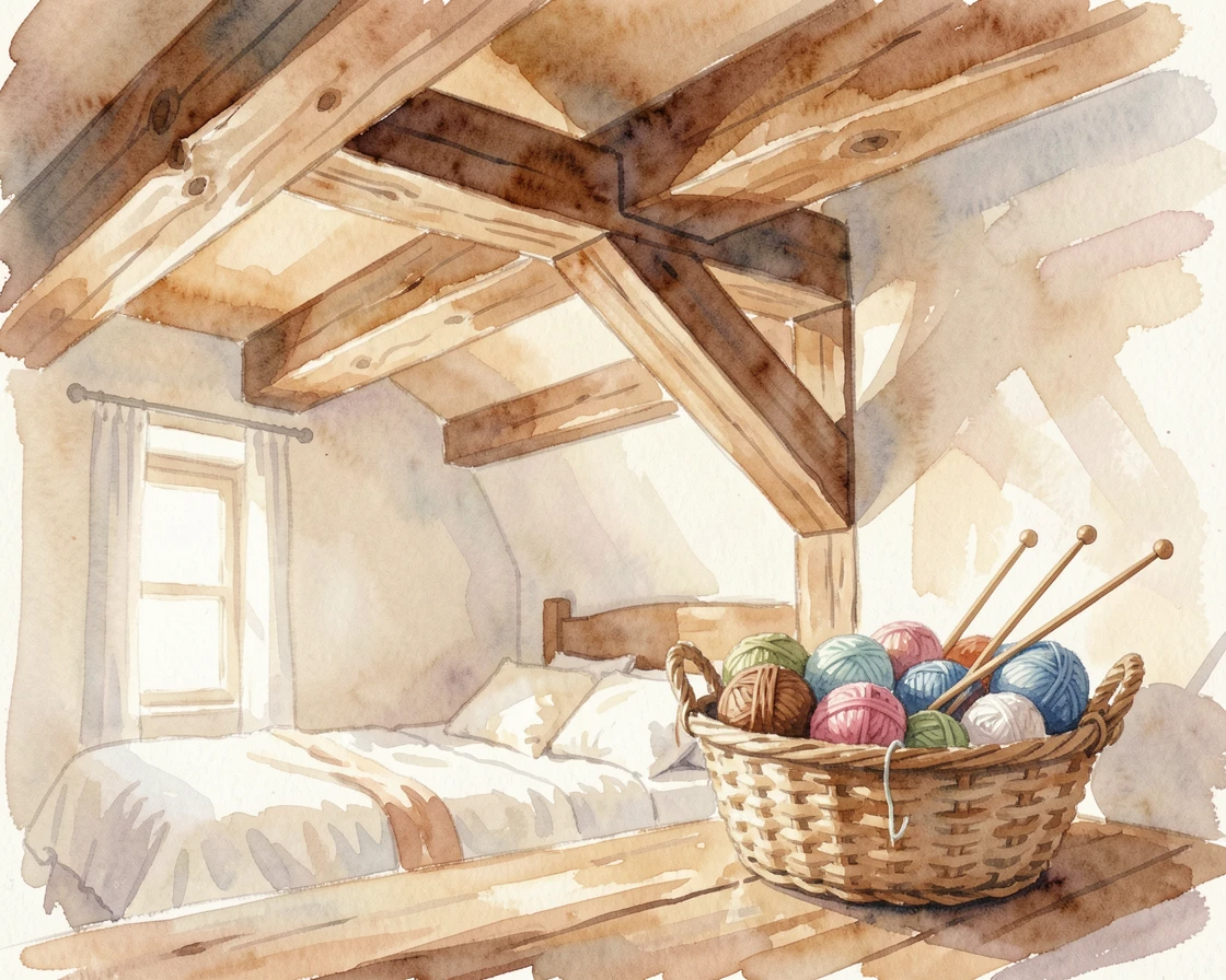 A loft bedroom with exposed wooden beams with a basket of yarn and knitting needles.