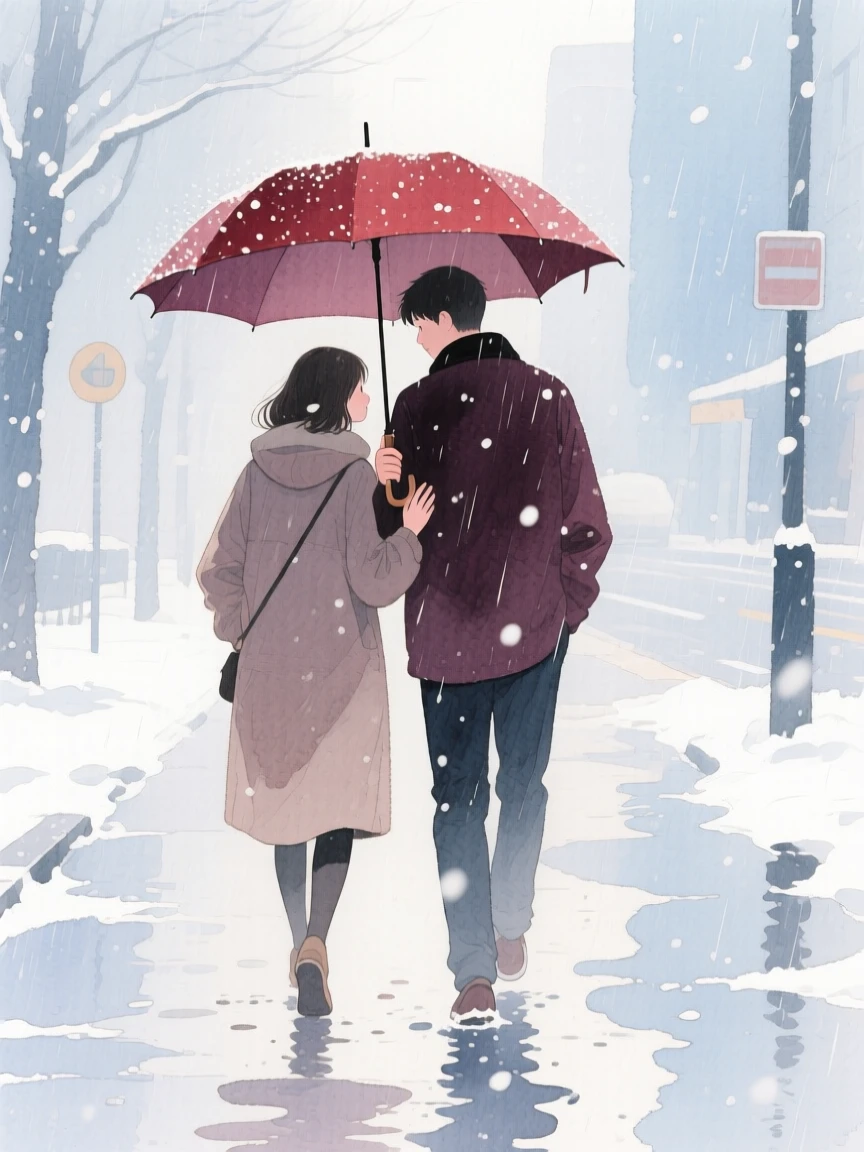 A tender moment of a rainy walk beneath one umbrella, as snow falls softly around them, capturing quiet affection between two people