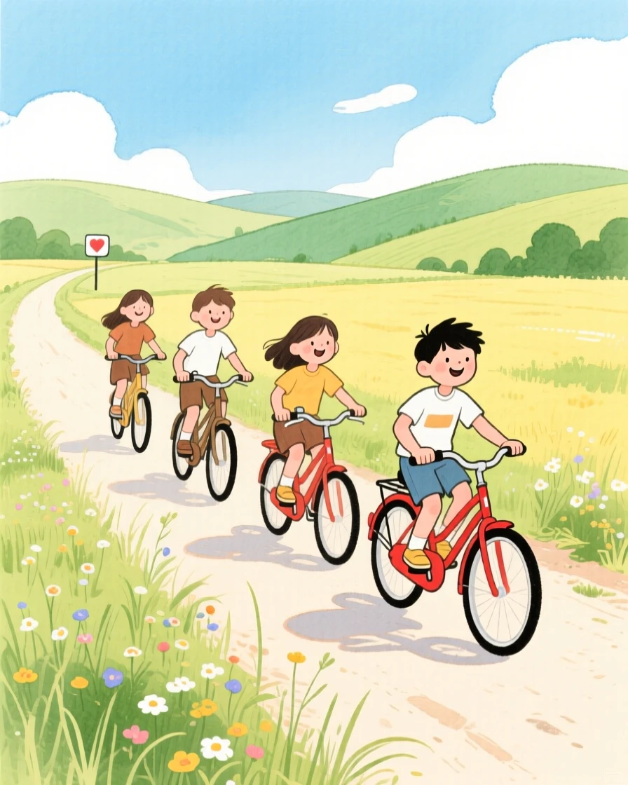 A heartwarming moment showing a group of friends riding bicycles down a country lane.