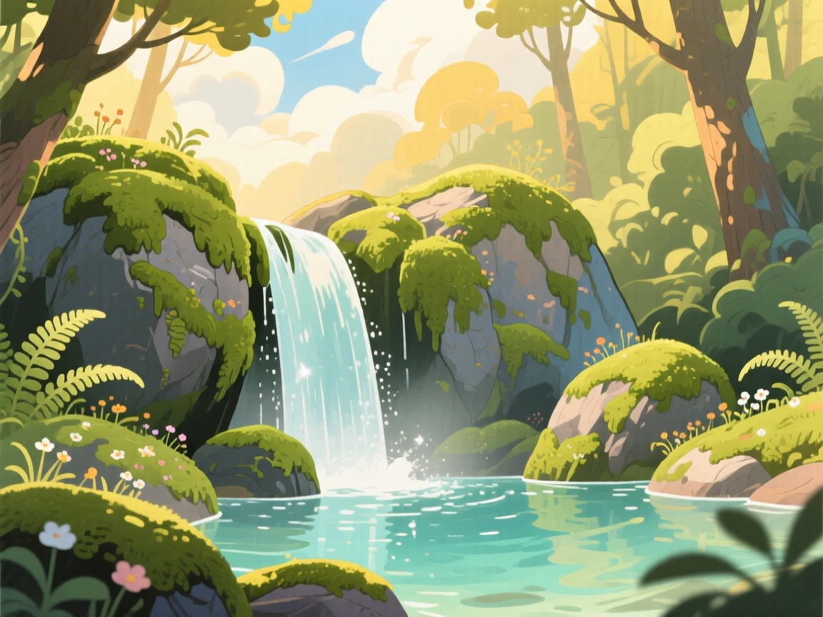 A hidden waterfall surrounded by moss-covered rocks, with golden light breaking through scattered clouds, evoking peaceful serenity and awe.