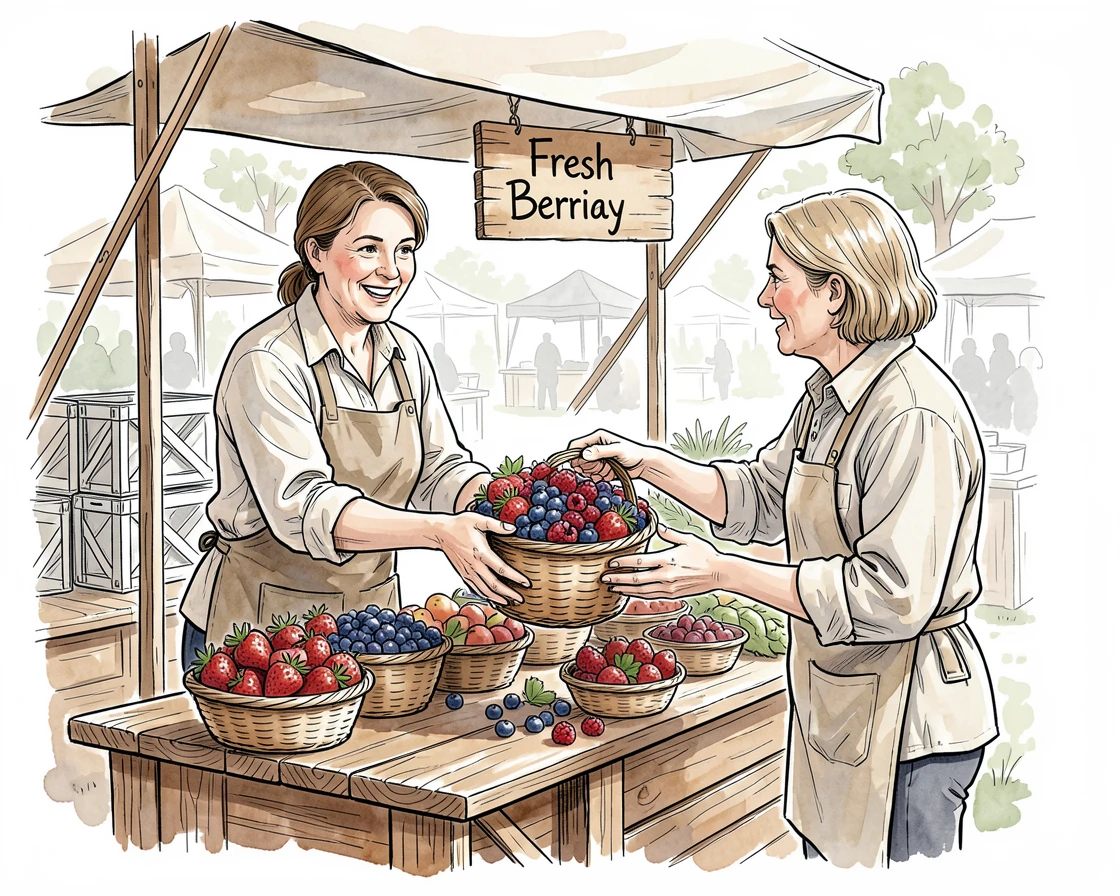 A farmer's market vendor handing a customer a basket of fresh berries, the surrounding setting adding a sense of everyday charm.
