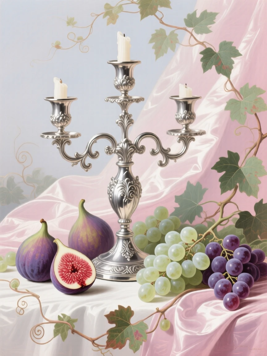 A silver candelabrum surrounded by figs, grapes, and ivy  