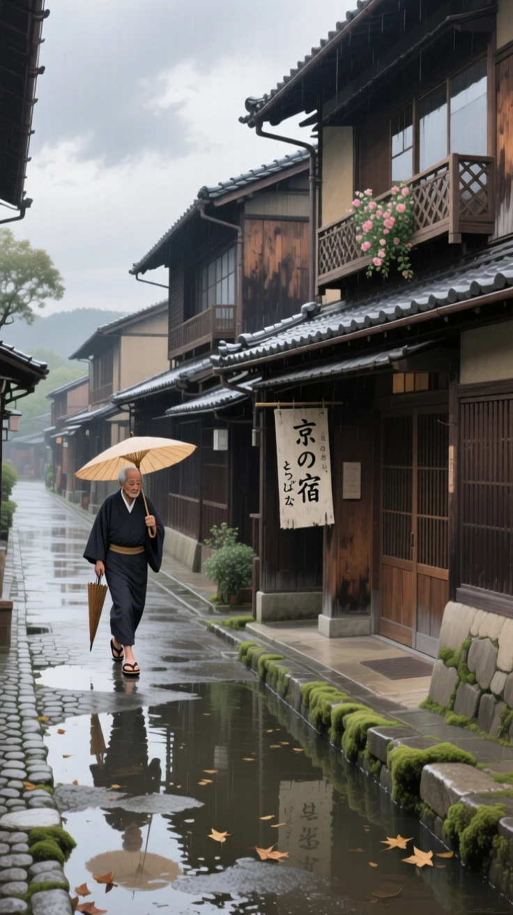 A quiet Kyoto street lined with traditional wooden machiya houses, as reflections shimmer across nearby water or wet pavement, evoking a strong sense of place, history, and atmosphere