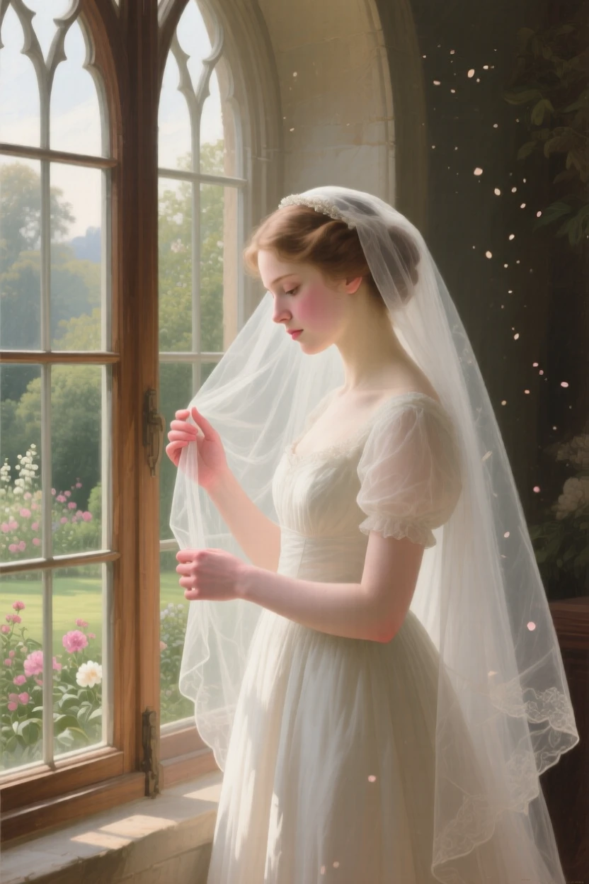 A young bride adjusting her veil before the ceremony holding perfectly still in contemplative silence, set beside a tall arched window overlooking a garden, with dust motes drifting visibly in a beam of window light; the hands are given equal storytelling weight alongside the face, evoking tenderness, memory, and unspoken emotion.