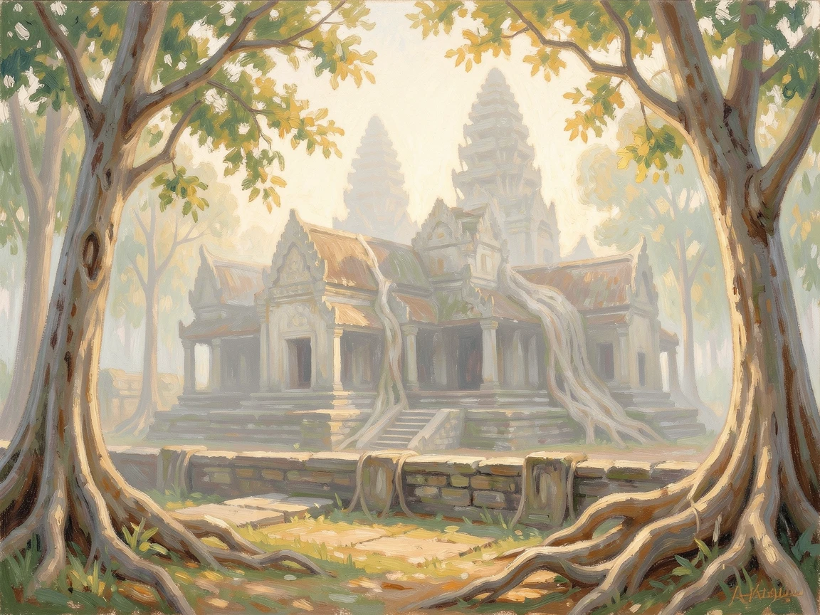 The ancient temples of Angkor Wat emerging from morning mist, tree roots winding over weathered stone, radiating joy and gentle celebration.
