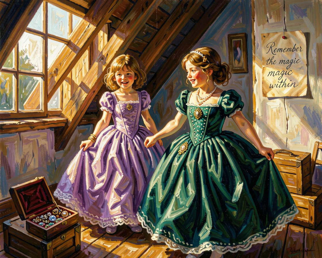 Sisters trying on their mother's old dresses and jewelry in a sunlit attic.