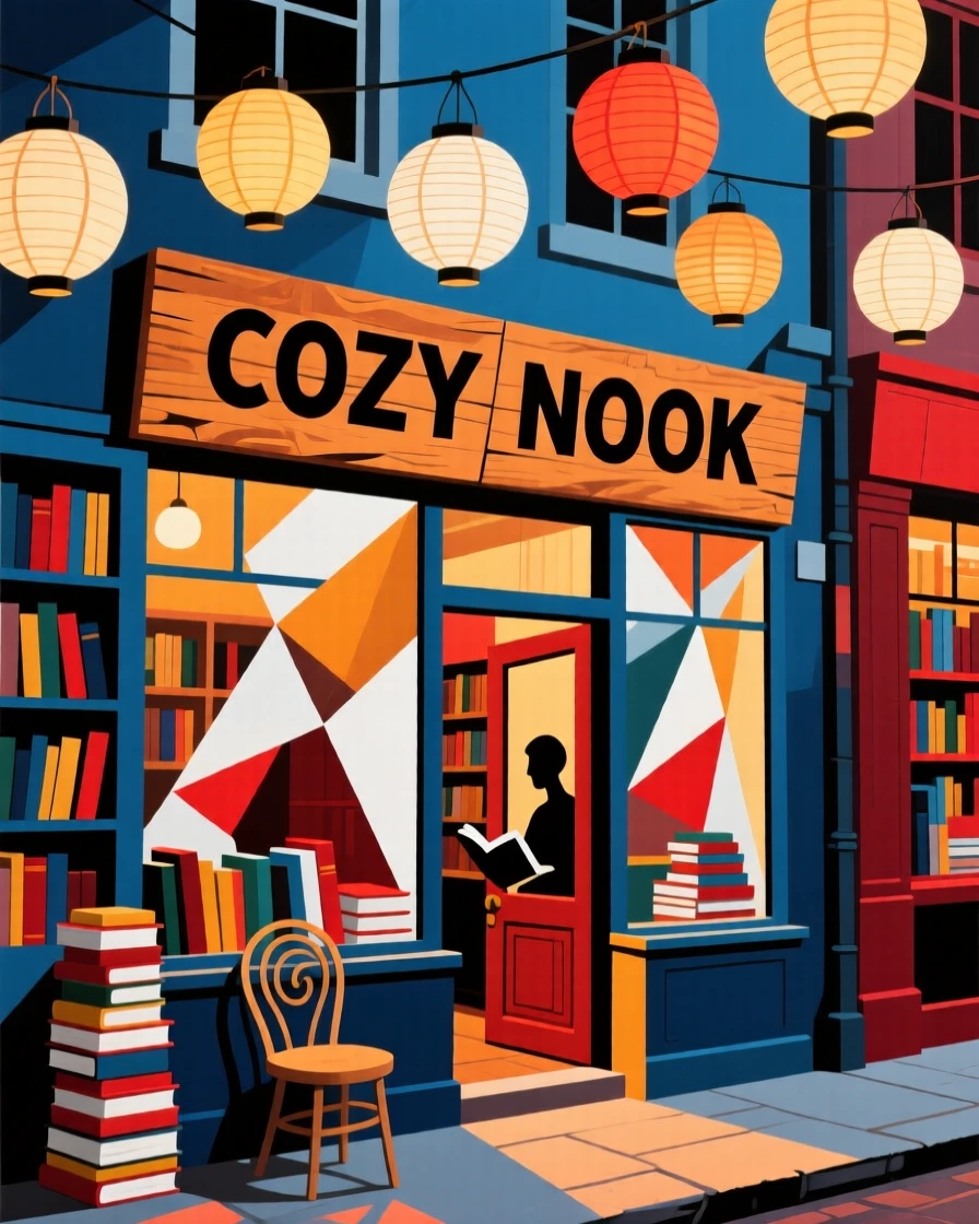 A vibrant scene of a cozy corner bookshop glowing beneath a canopy of paper lanterns.