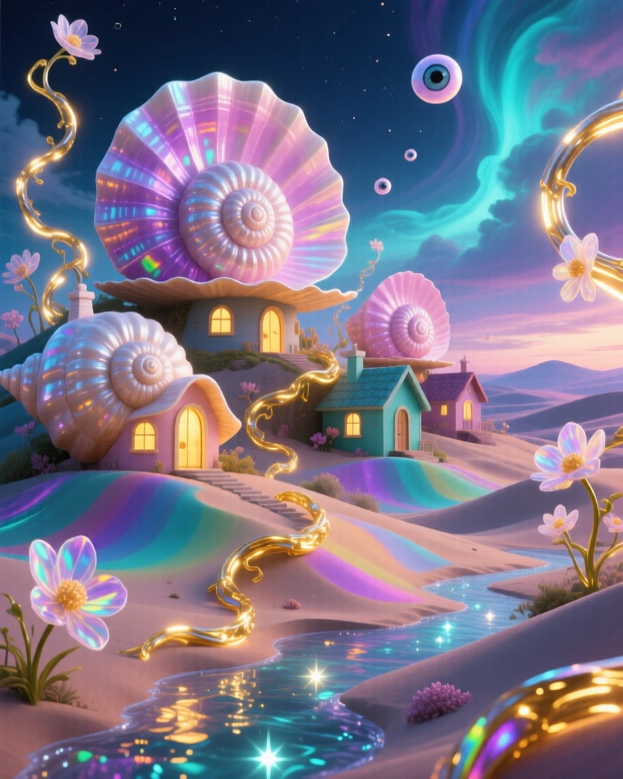A village of houses shaped like seashells is slowly swallowed by climbing vines of light, while a soft golden light seeps from every crack.
