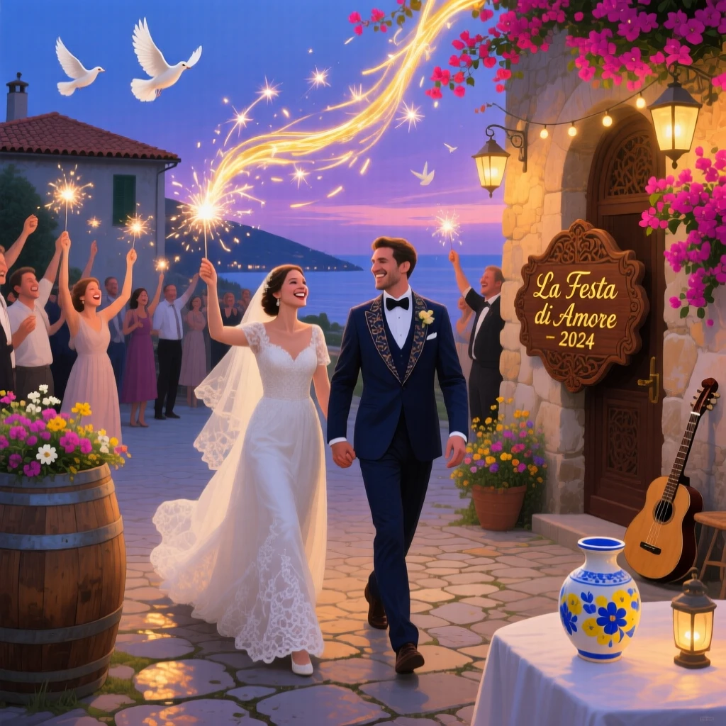 A wedding party celebrates with sparklers held high as the couple exits the ceremony, golden trails of light streaking across the darkening sky, their surroundings offering subtle clues about culture, place, and the moment being lived.