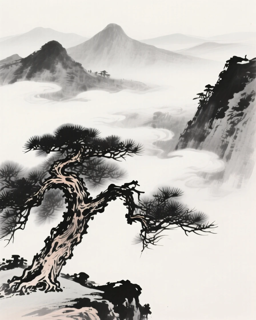 A weathered pine tree frames a view of distant misty peaks, as clouds drift slowly through the valley below.