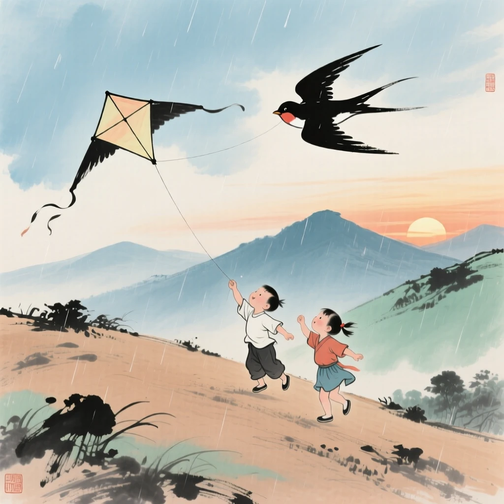 Children flying a kite shaped like a swallow on a breezy hillside, conveying a deep sense of harmony with nature, as summer rain begins to fall, as the sun sets behind distant peaks.