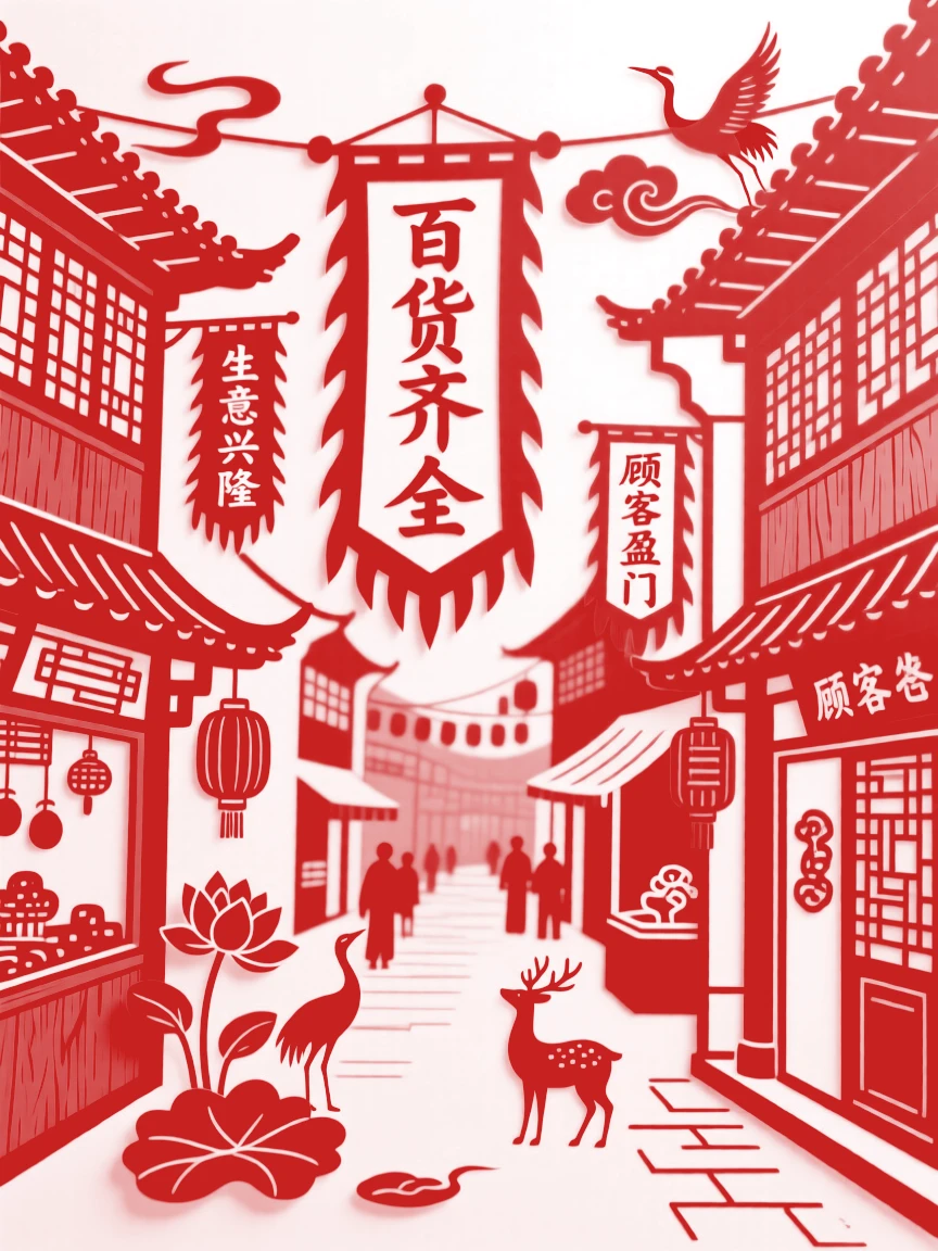 A bustling ancient marketplace street lined with wooden shopfronts and hanging silk banners