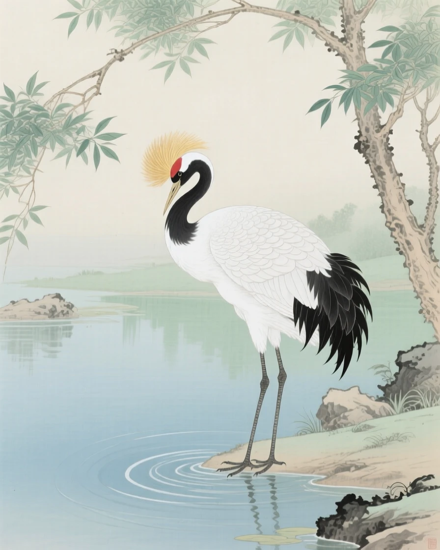 A crested crane preening its feathers beside a quiet pond, soft morning light filtering through the branches