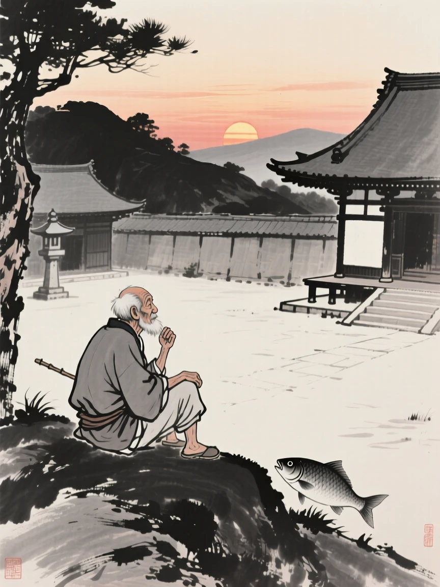 An old fisherman watching the sunset from a hillside within a peaceful temple courtyard, framed intimately, focusing on quiet gesture and expression, suggesting harmony between people and their surroundings.