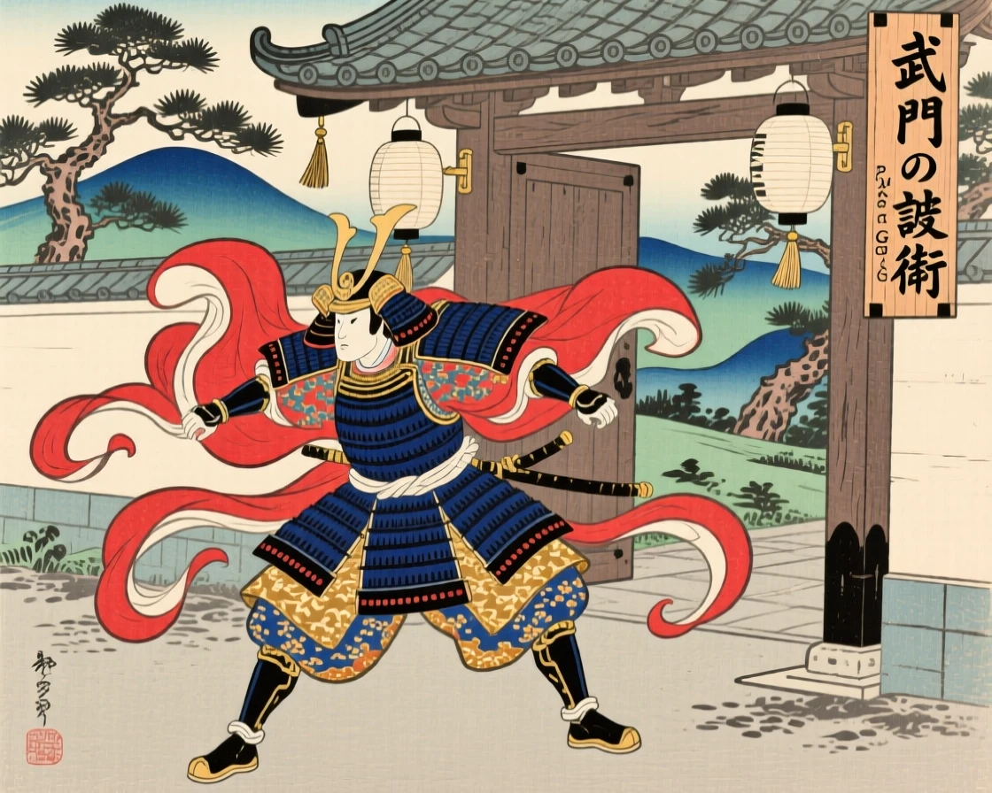 A palace guard captured mid-motion with swirling sleeves.
