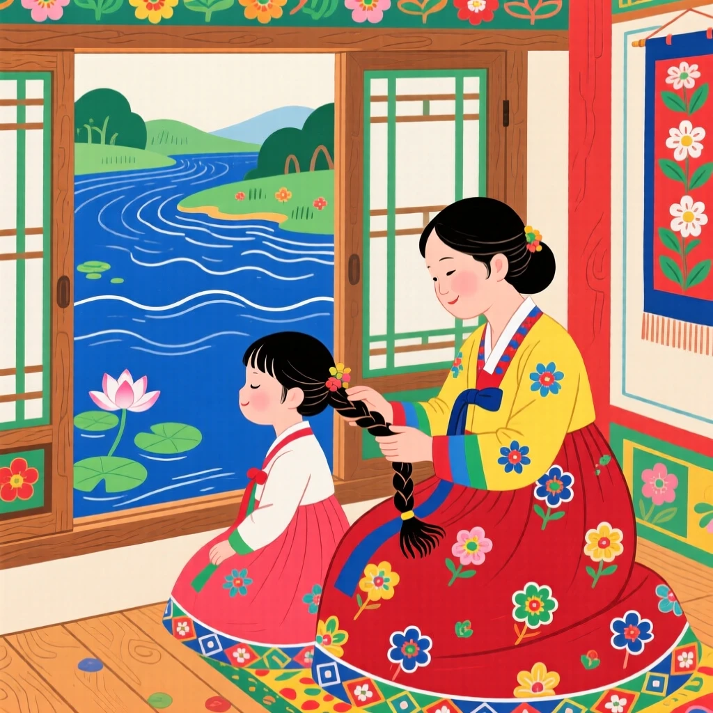 A mother braiding her daughter's hair by a window, beside a quiet river.