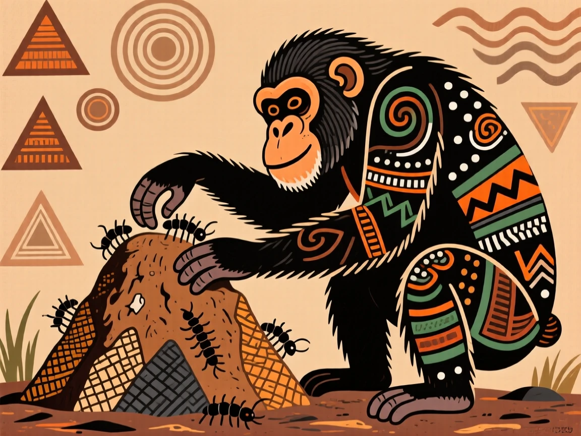 A chimpanzee grooming beside a termite mound.