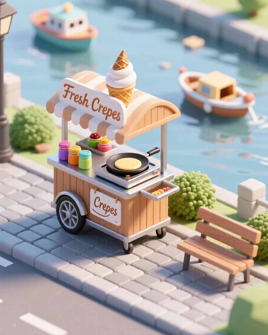 A charming crepe cart by a riverside promenade, batter spreading thin on a griddle, and a view of boats drifting past in the background.