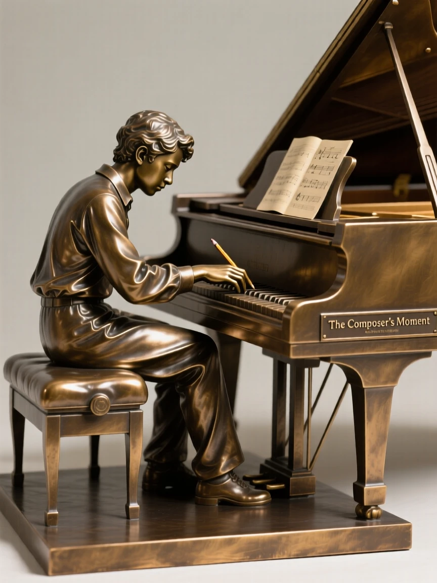 A young musician composing a melody at a piano, with fine, expressive facial detail, forming a strong central focal point