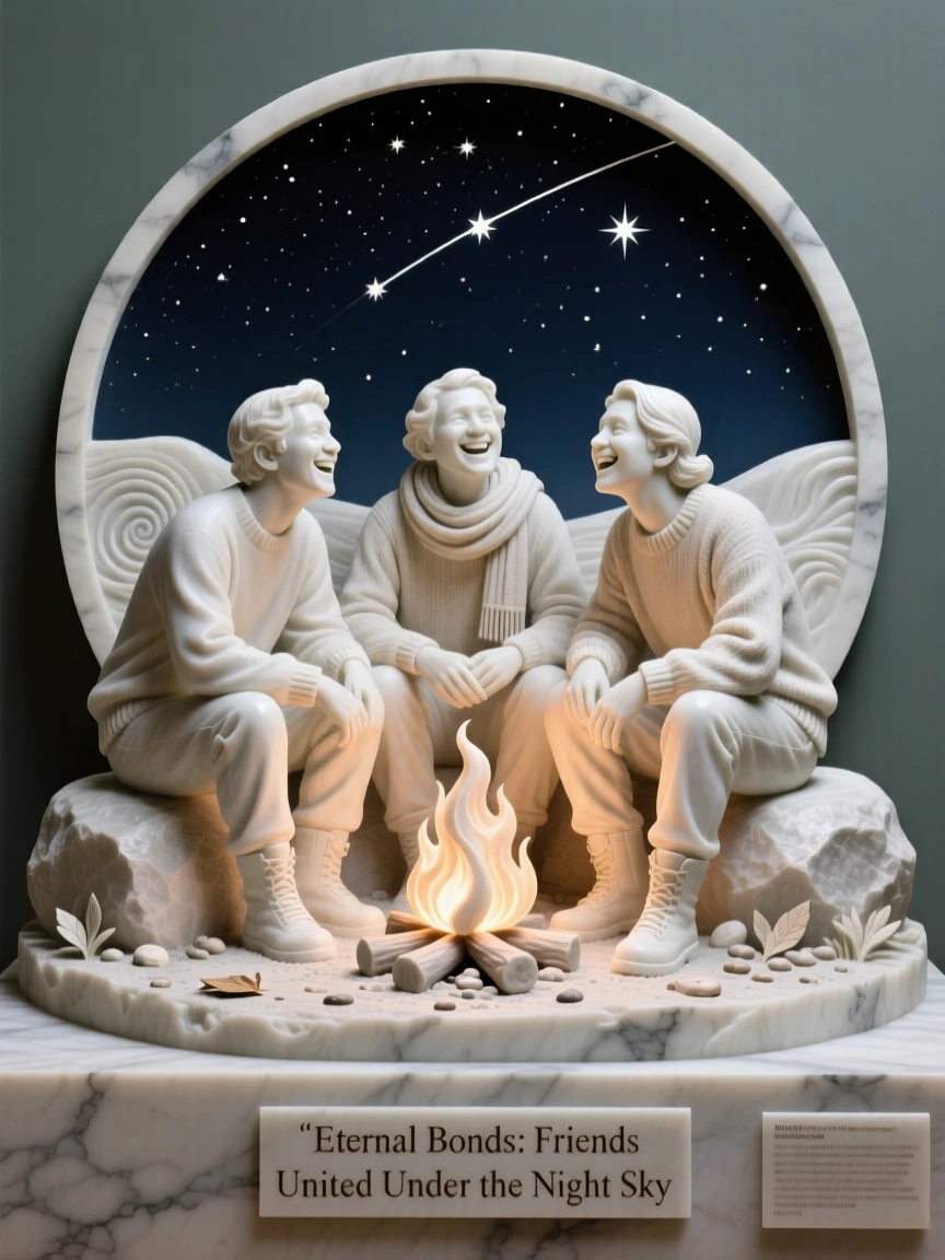 A heartwarming depiction of friends stargazing around a campfire, full of laughter and genuine connection