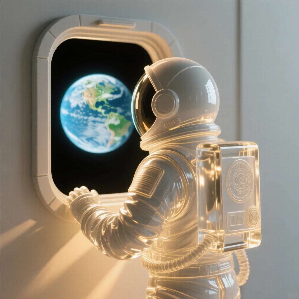 An astronaut gazing back at Earth through a window captured in a candid, unposed moment, golden hour light wrapping around the figure, feeling authentic and moving.