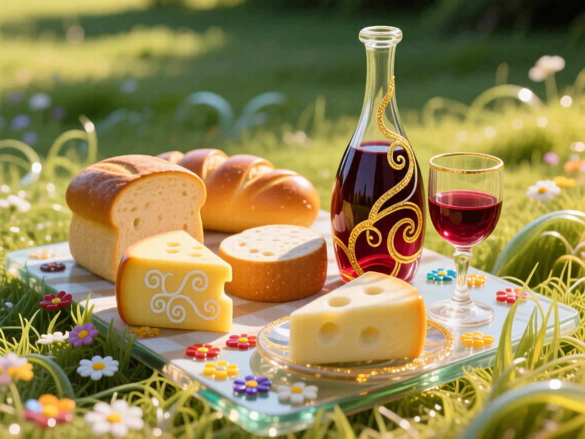 A rustic picnic spread of cheese, bread, and wine in a sunlit meadow, idyllic and relaxed.