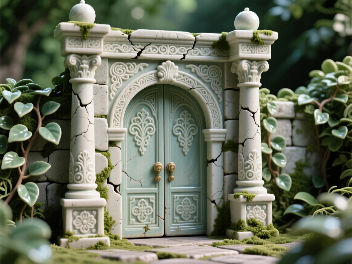 An ornate palace gate flanked by carved pillars nestled peacefully amid lush greenery, with weathered stone showing centuries of history, radiating peaceful, storybook charm.