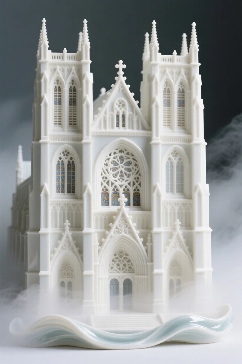 A grand view of a grand cathedral facade, wrapped in soft morning mist.