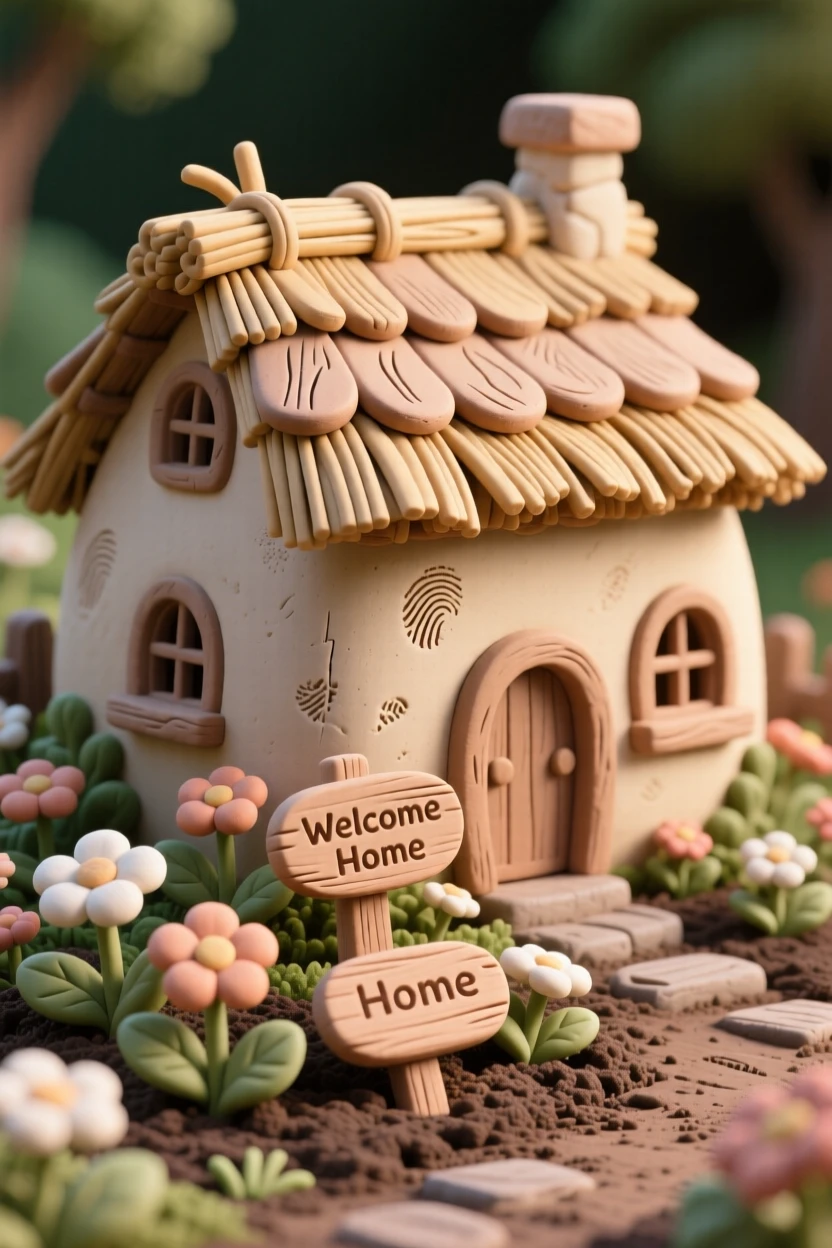 A cozy cottage with a thatched roof nestled in a flower garden