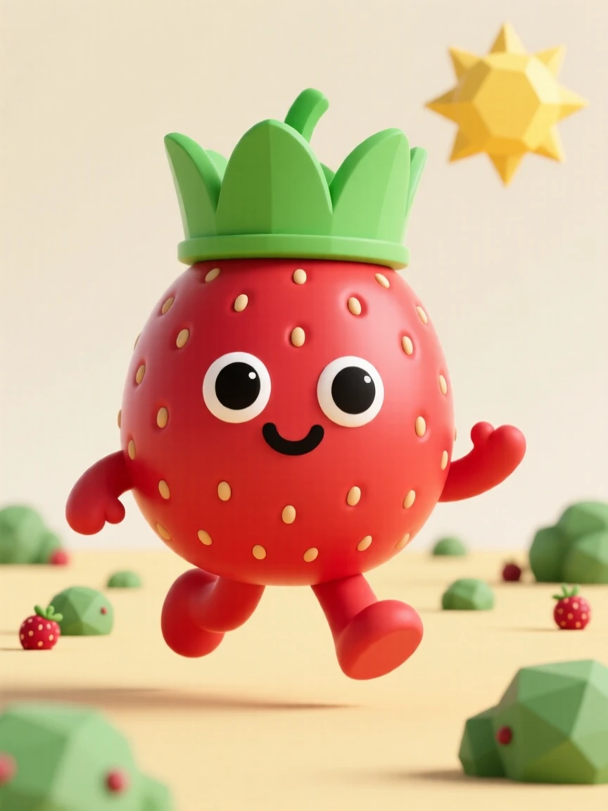 A happy strawberry character with tiny seed freckles and a leafy hat bounces through a sunny berry patch.