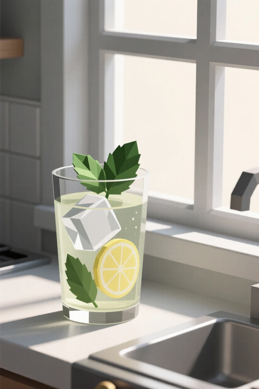 A glass of iced lemonade with mint leaves, beside a sunlit kitchen window. vibrant colors are enhanced by careful arrangement. A cozy, relaxed feeling fills the scene.
