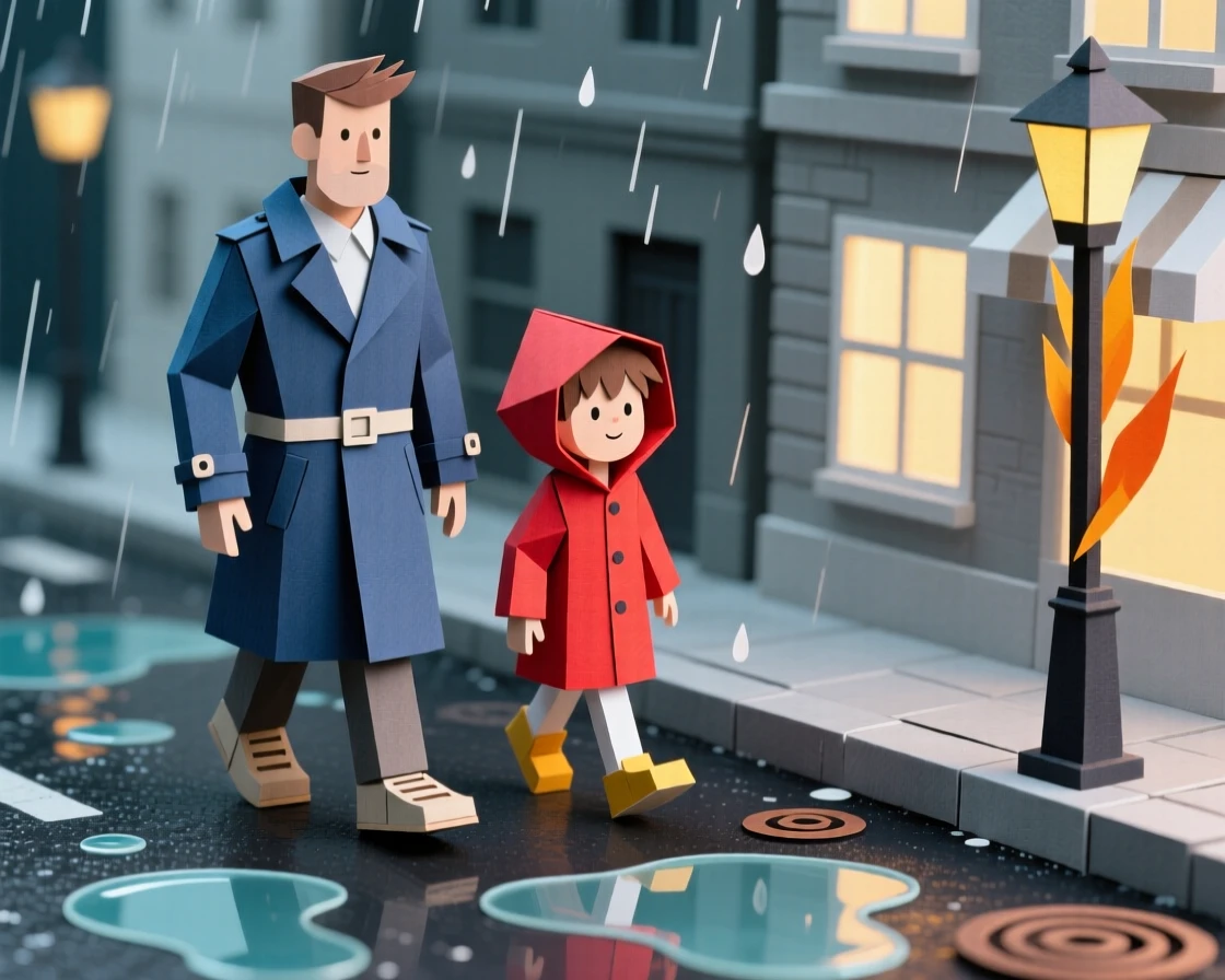 A father and his son strolling along a rain-soaked city street, with warm golden light wrapping around them, capturing the simple beauty of everyday moments.
