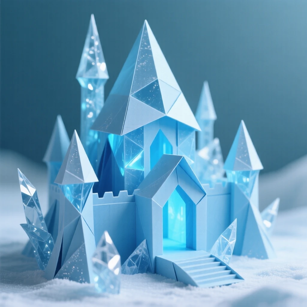 A frozen palace made of ice that glows from within with a soft blue light.