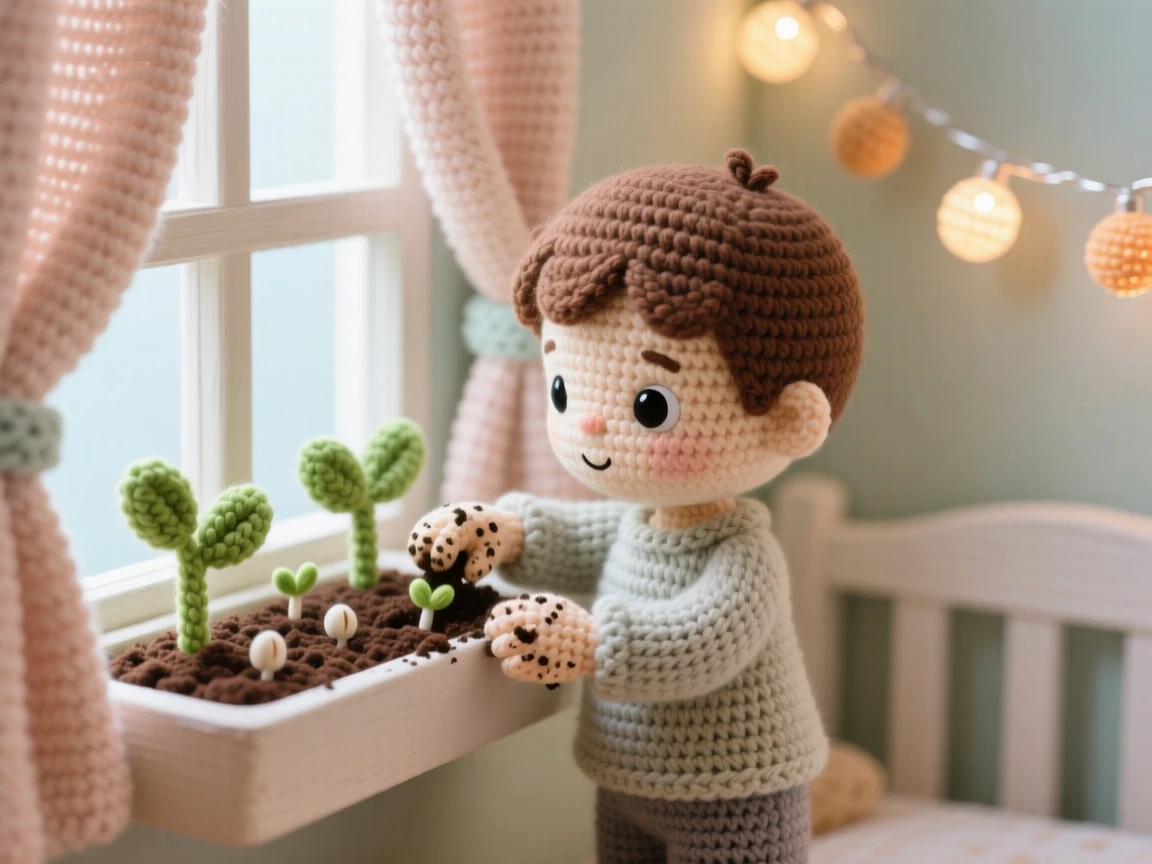 a small boy planting seeds in a window box, with dirt-smudged fingers, is shown patting soil gently over new seeds within a soft-lit nursery with gentle curtains beside a string of soft fairy lights along the wall, capturing gentle contentment in a small daily ritual.