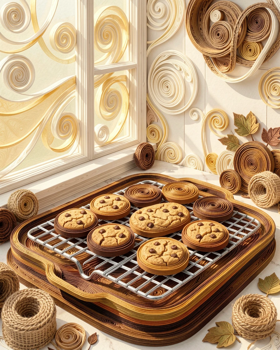 A cozy still life of a tray of freshly baked cookies cooling on a rack beside a sunlit kitchen window, with soft golden light highlighting every texture, arranged with rustic textures adding warmth.