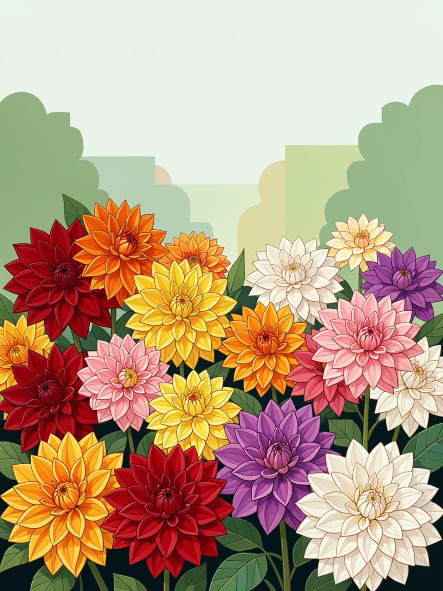A vibrant dahlia garden bursting with layered petals of every hue, with soft morning light and a gentle blur of background greenery.