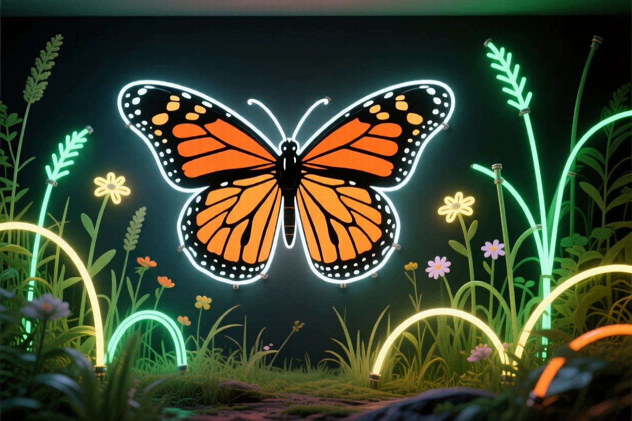 A wide environmental shot of a monarch butterfly standing in its natural habitat.
