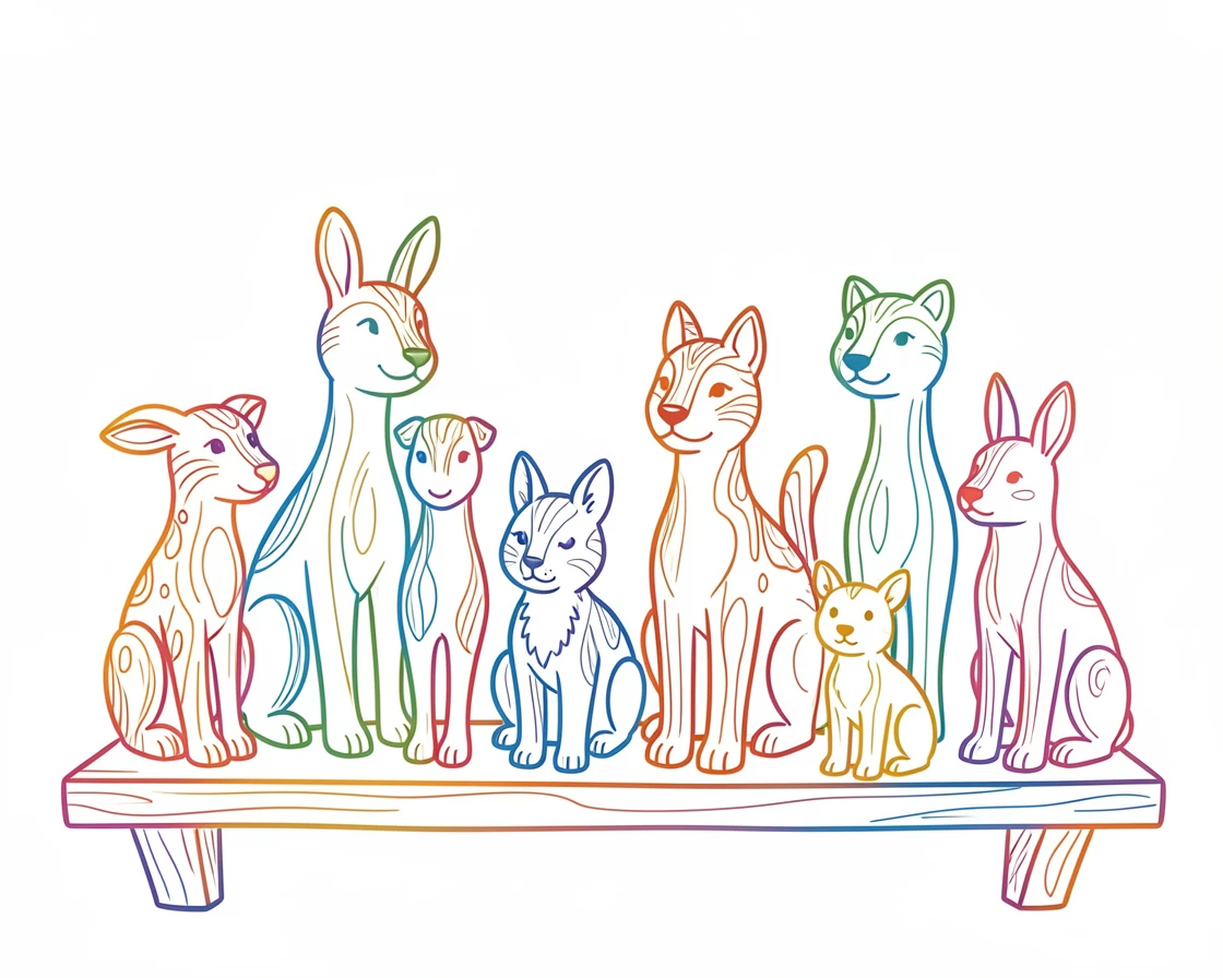 A collection of hand-carved wooden animal figurines on a shelf.