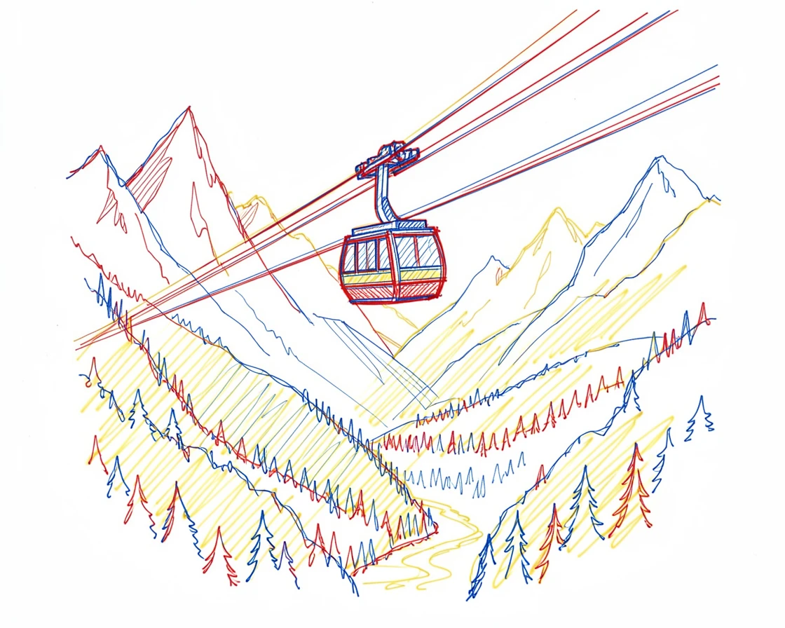 A grand mountain cable car crossing high above a forested valley