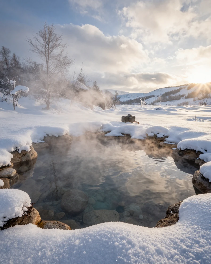 A hot spring steaming in a snow-covered landscape