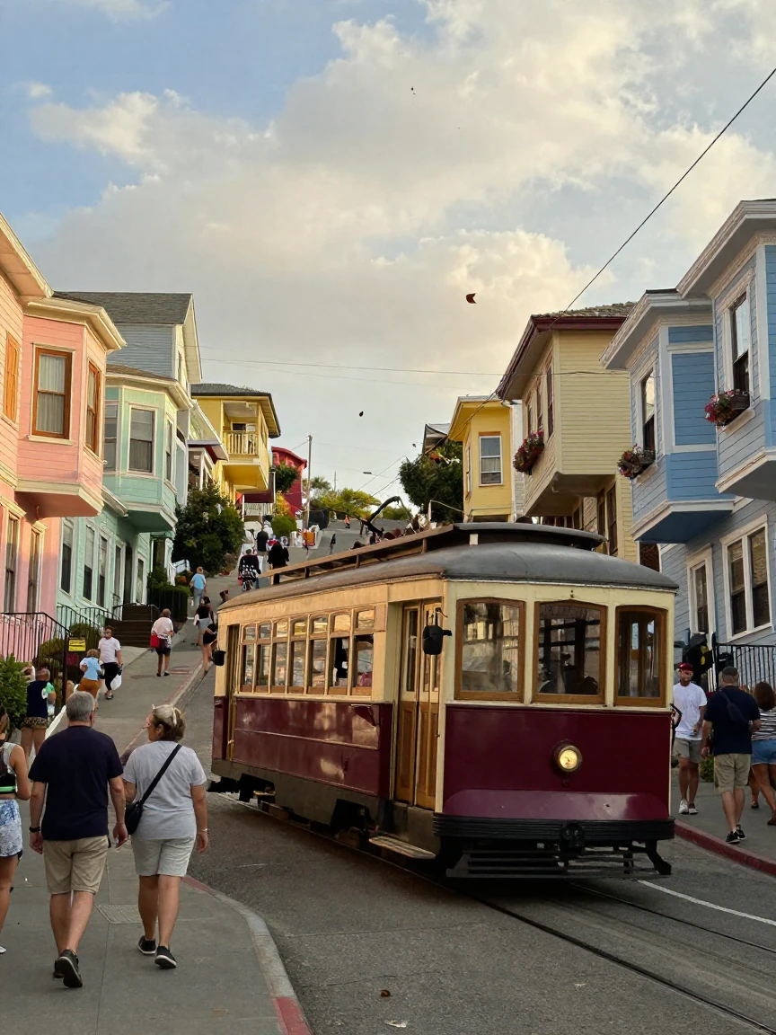 A vintage tram rattles up a steep hill lined with pastel-colored houses.