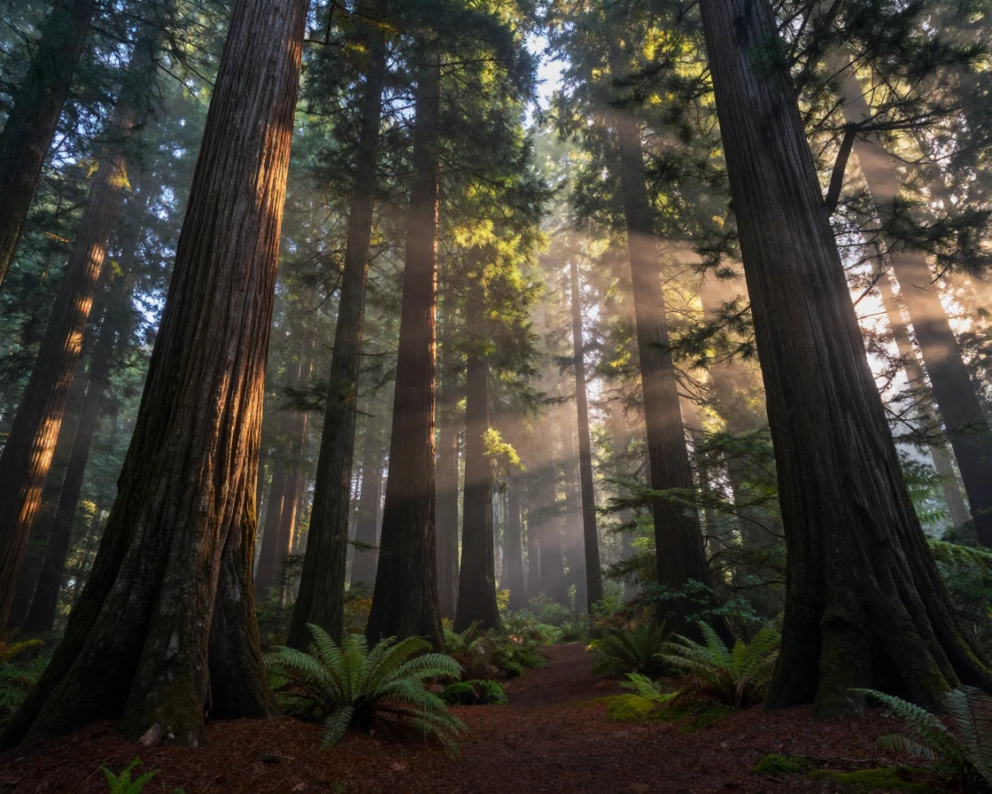 A dense forest of ancient redwoods, stretching endlessly at the break of dawn