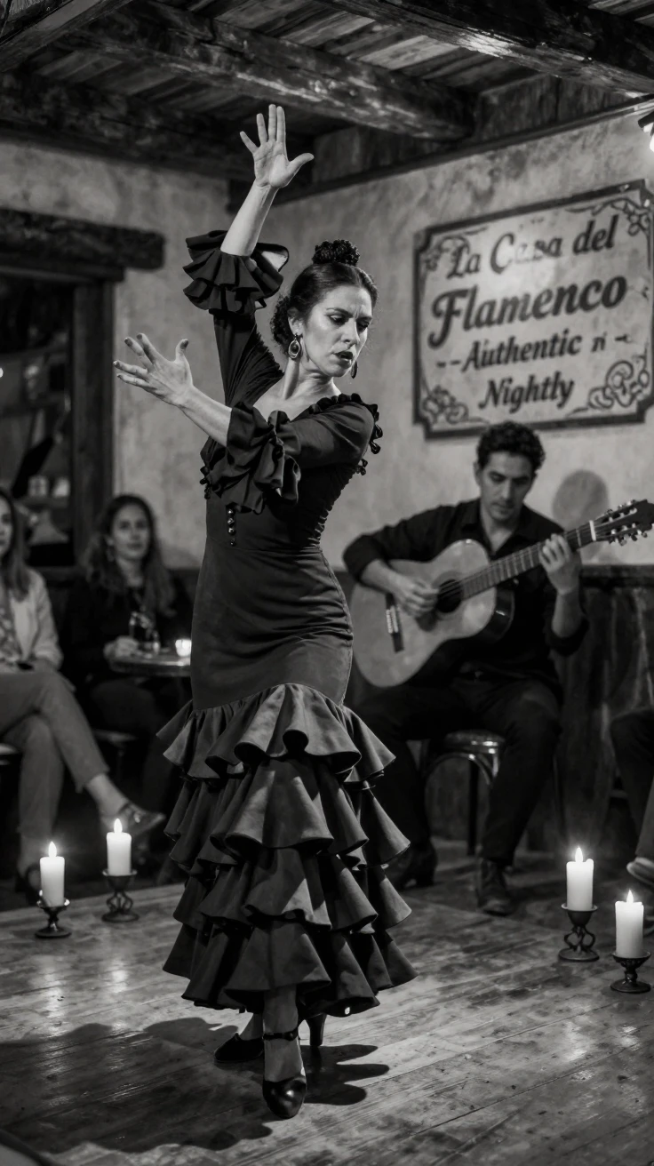 A flamenco dancer stomps and claps to rhythmic guitar on a candlelit tavern stage.
