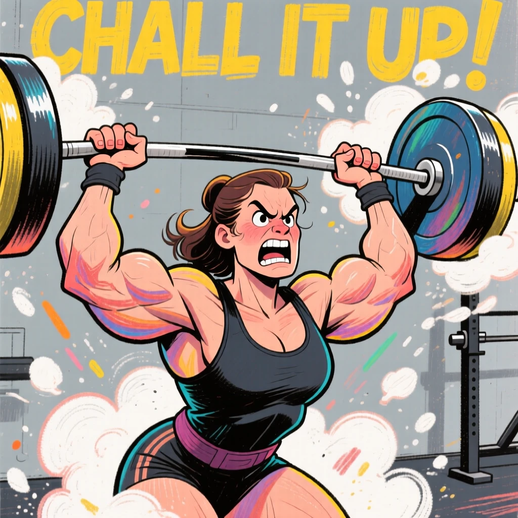 A weightlifter mid-lift, muscles straining, chalk dust puffing off her hands.