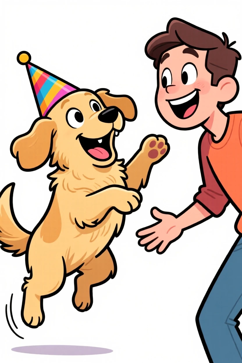 A playful pet moment featuring a fluffy golden retriever greeting its owner with an overjoyed leap, with a birthday hat slightly askew.
