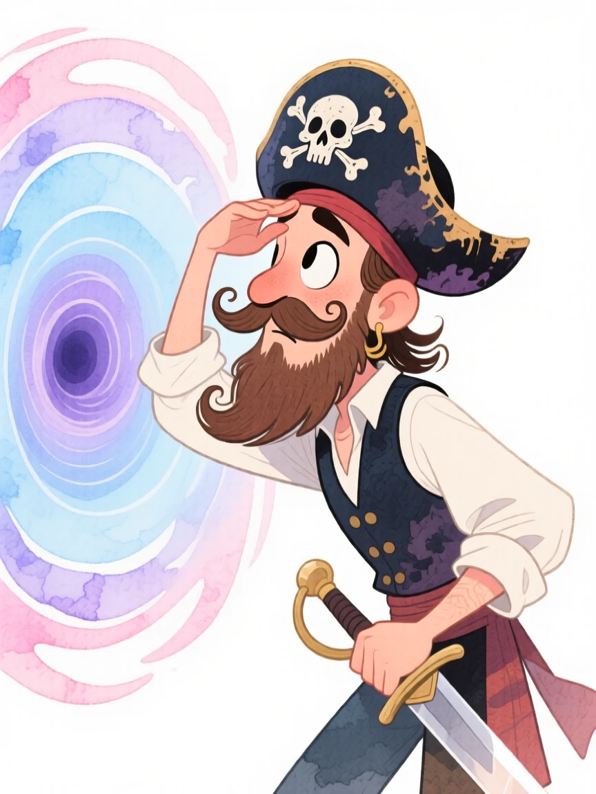 A pirate captain gazing into a swirling magical portal