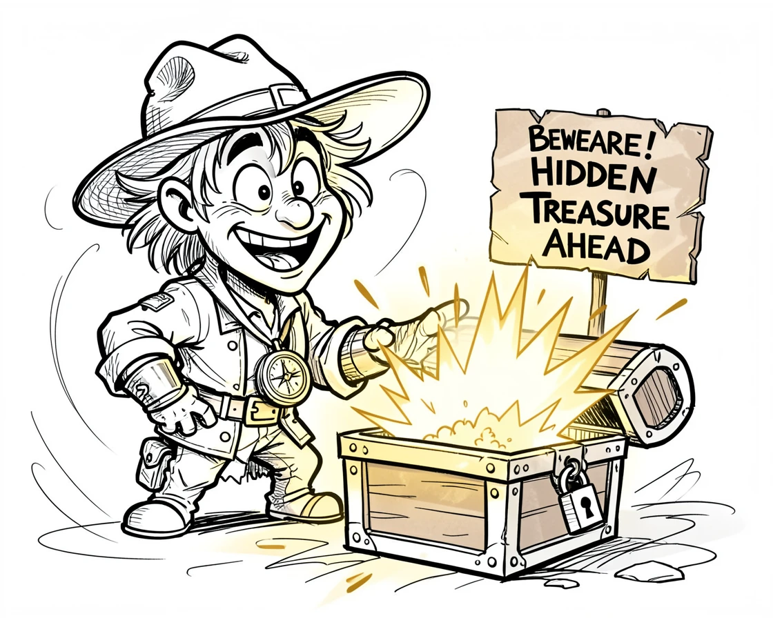 [Fantasy & Imaginative Scenarios] Imaginative fantasy scene of a brave explorer discovering a hidden treasure chest glowing with gold, brimming with wonder
