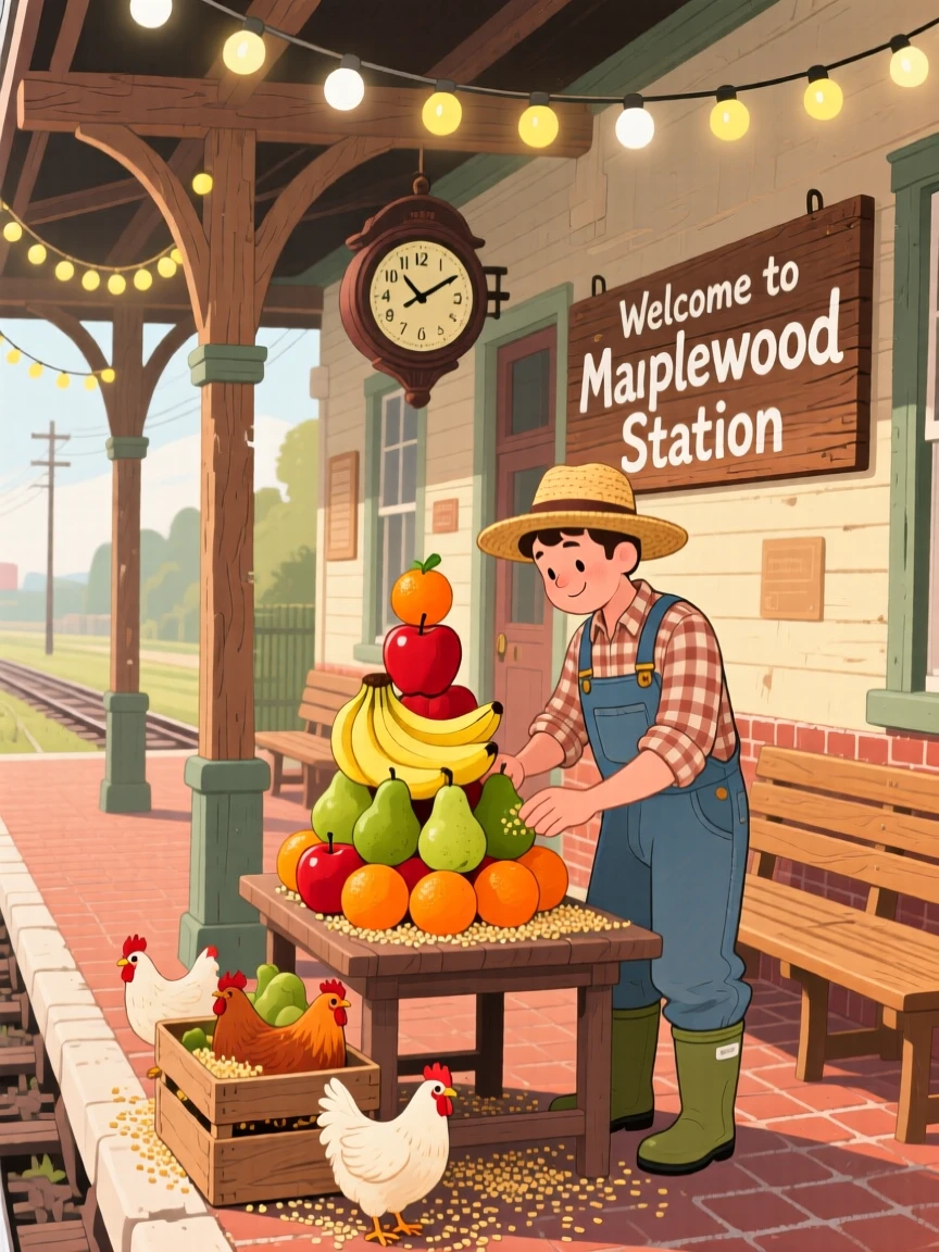 In a small-town train station, a farmer feeding chickens is busy arranging fruit into a colorful pyramid, while string lights twinkle overhead.