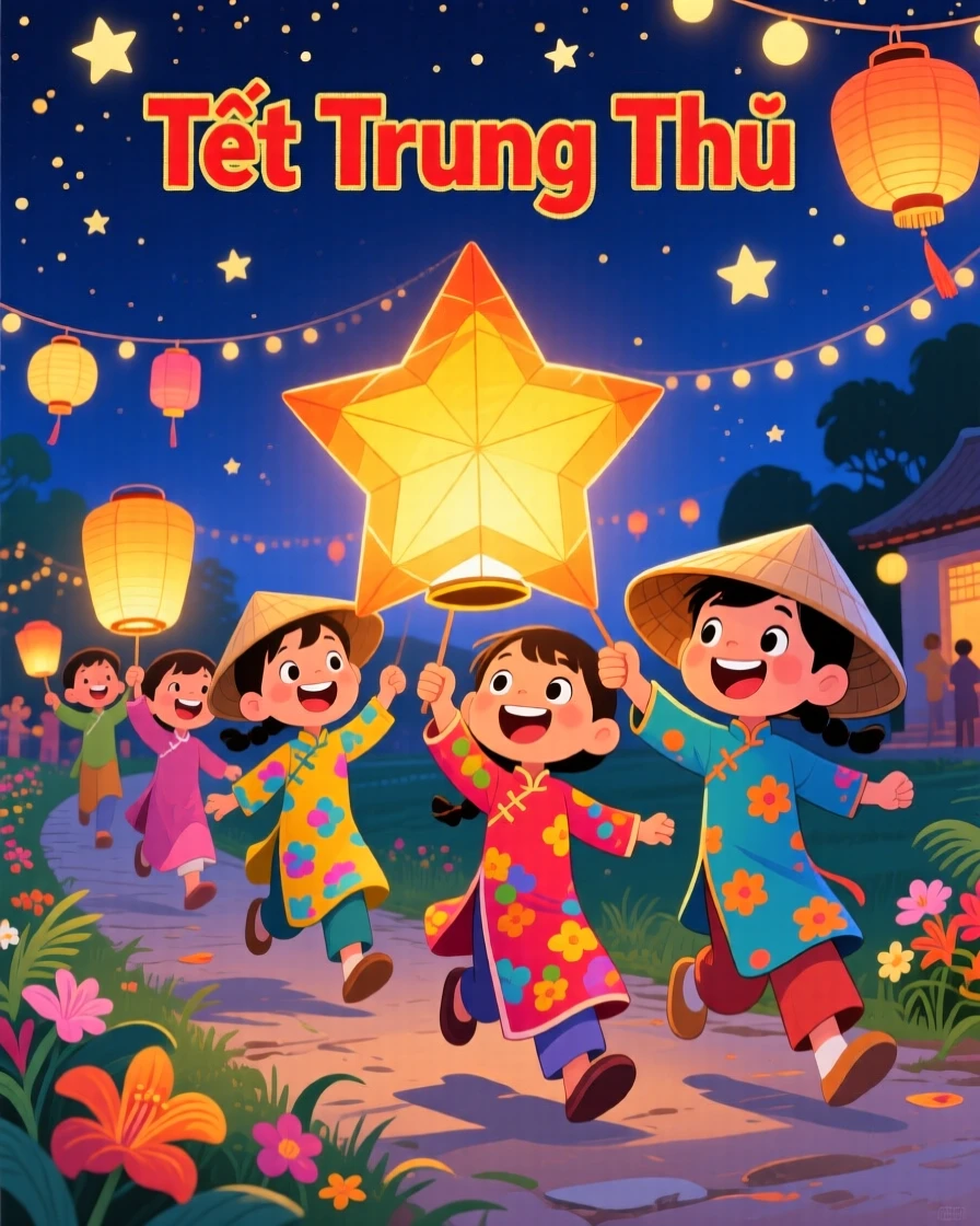 Children in Vietnam carrying glowing star lanterns during a festival night.