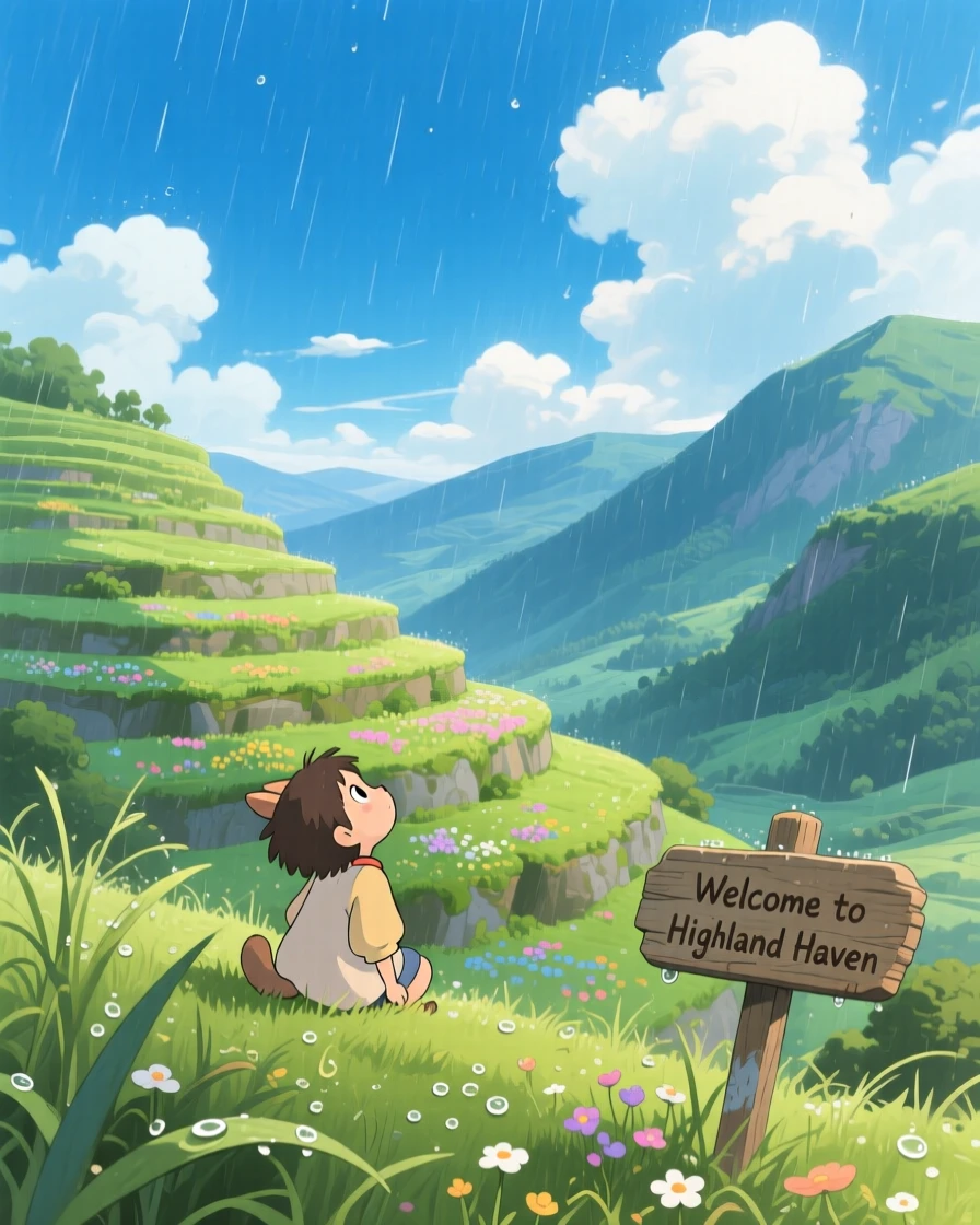 A breathtaking view of a highland plateau under a vast sky, with gentle terraces stepping down toward a valley floor, just after a rain shower, captured from a low angle looking up.